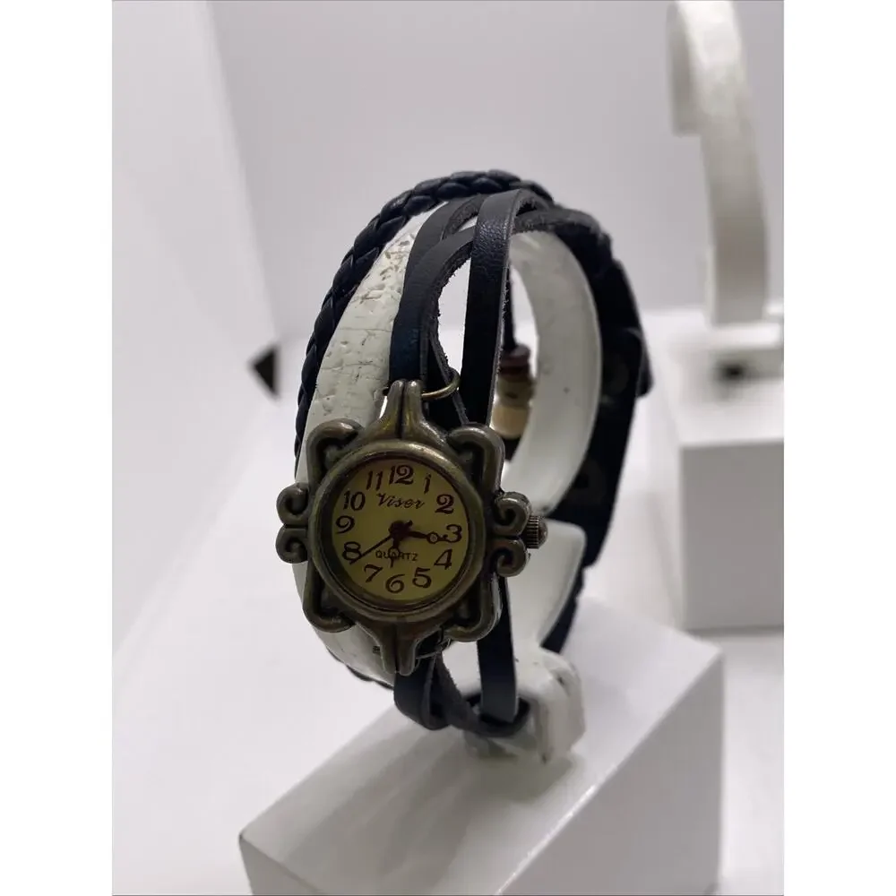 Womens Black Leather Wood Bead Butterfly Watch New Battery